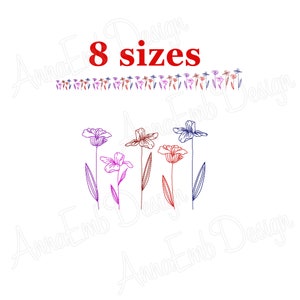 May include: A digital embroidery design of five stylised flowers in different colours, including red, blue, purple, and pink. The design is available in eight sizes. The text "8 sizes" is displayed above the flowers.