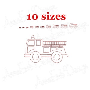 Può includere: Disegno di contorno di un camion dei pompieri rosso con una scala. L'immagine include il testo "10 dimensioni".