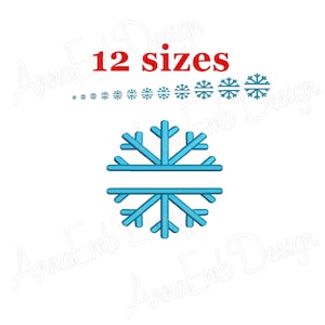 Pode incluir: Um floco de neve azul com uma divisão horizontal para adicionar texto. O floco de neve é cercado por flocos de neve menores de vários tamanhos. O texto "12 tamanhos" está em vermelho acima do floco de neve.