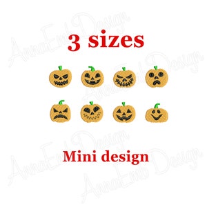 May include: Set of nine embroidery designs featuring various jack-o'-lantern faces. The designs are available in three sizes and are labeled "Mini design".