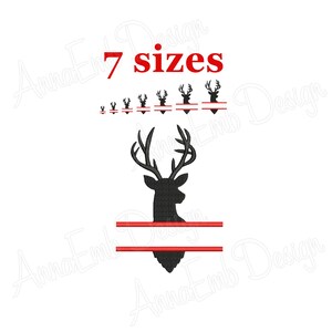May include: A black silhouette of a deer head with antlers, with a double red line underneath for a name. The image is available in 7 sizes. The text "7 sizes" is in red.