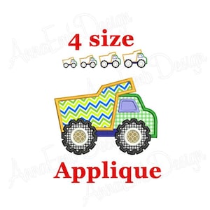 Dump Truck stoffen borduurontwerp. Machinaal borduren. Borduurontwerp met dumptruck. Tip Truck-appliqué.