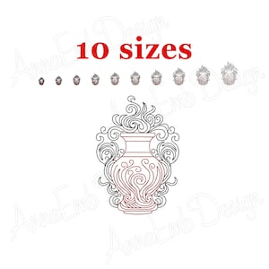May include: Embroidery design of a vase with ornate details. The vase is red and the design is black. The text "10 sizes" is above the vase.