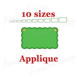 May include: A green applique with a scalloped edge and two gold eyelets. The applique is available in 10 sizes. The text "Applique" is written in red below the applique.