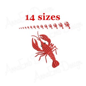 May include: A red embroidered lobster design with the text "14 sizes" in red. The image shows a large lobster and a series of smaller lobsters, indicating various size options for the design. The design is on a white background.