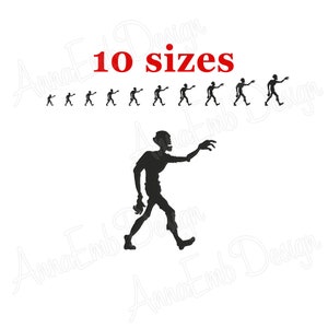 May include: Black silhouette of a zombie walking with outstretched arm. The image includes 10 sizes of the zombie silhouette.