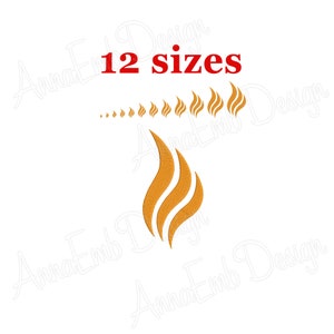 May include: A digital embroidery design of a stylized flame in 12 different sizes. The flame is a golden yellow color.