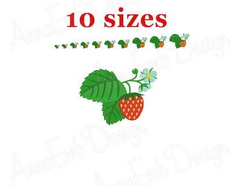 Diseño de bordado de fresa. Fresa mini. Diseño de bordado a máquina. Diseño de bordado de frutas. Silueta de fresa. Fruta de verano.