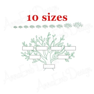 May include: A green outline of a family tree with 6 blank spaces for names. The text "10 sizes" is in red at the top of the image.