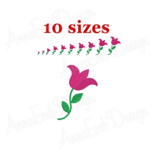 Könnte beinhalten: Stickmuster einer rosa Blume mit grünem Stiel und Blättern. Das Design ist in 10 Größen verfügbar.