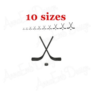 May include: Two black hockey sticks crossed over each other with a black puck underneath. The text "10 sizes" is in red above the sticks.