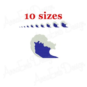May include: A blue wave with a white crest. The image shows 10 different sizes of the wave.