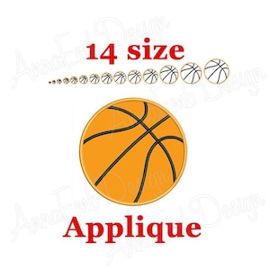 May include: Basketball applique embroidery design in 14 sizes. The design features an orange basketball with black stitching.