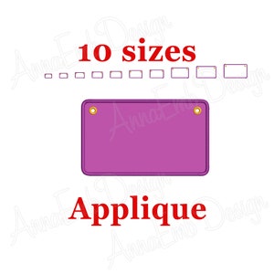 May include: A purple applique with two gold eyelets. The applique is rectangular and has a plain design. The text "10 sizes" is above the applique. The text "Applique" is below the applique.