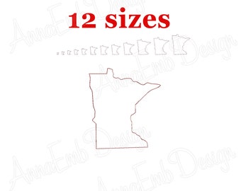 May include: Outline of the state of Minnesota in 12 different sizes. The outline is in red and the background is white.