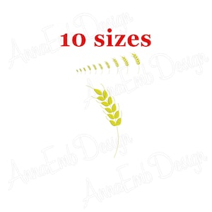 Könnte beinhalten: Ein Set mit 10 Stickmustern von Weizenähren in verschiedenen Größen. Die Designs sind in Gelb gehalten und eignen sich perfekt, um Ihren Projekten einen rustikalen Touch zu verleihen.