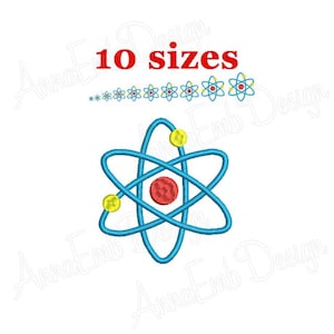 May include: An embroidery design of an atom with a blue nucleus, red center, and yellow orbiting electrons. The design is available in 10 sizes.