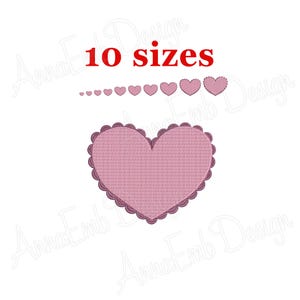 May include: A pink heart-shaped design with a scalloped edge, accompanied by nine smaller hearts in a row. The text "10 sizes" is displayed in red above the hearts. The design is on a white background.