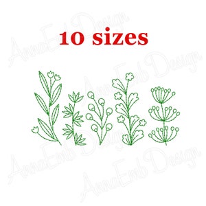 Puede incluir: Cinco diseños diferentes de bordado de ramitas florales verdes. El texto "10 tamaños" está en rojo en la parte superior de la imagen.