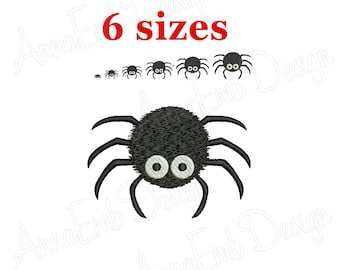 May include: A black spider embroidery design featuring a round textured body, eight curved legs, and two large white eyes with black pupils. Above the main spider, a row of six smaller spiders is displayed with the red text 6 sizes above them.