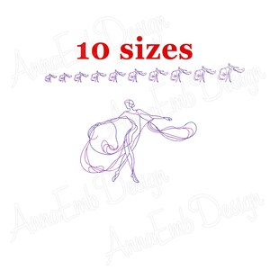 May include: Line art embroidery design of a woman in a flowing dress. The design is available in 10 sizes.