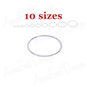 May include: A set of 10 embroidery designs of different sizes of a simple oval shape. The text "10 sizes" is written in red above the ovals.