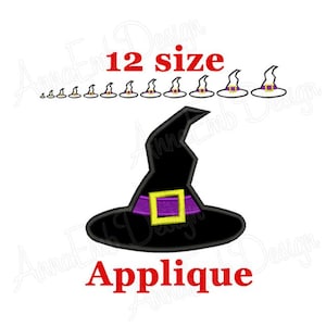 Puede incluir: Diseño de bordado de aplique de sombrero de bruja en 12 tamaños. El sombrero es negro con una banda morada y una hebilla dorada. El diseño es perfecto para manualidades de Halloween.