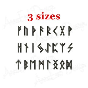 May include: Black embroidered runic alphabet letters in three sizes. The text "3 sizes" is in red above the letters. The runes are arranged in three rows, each with a different set of symbols.