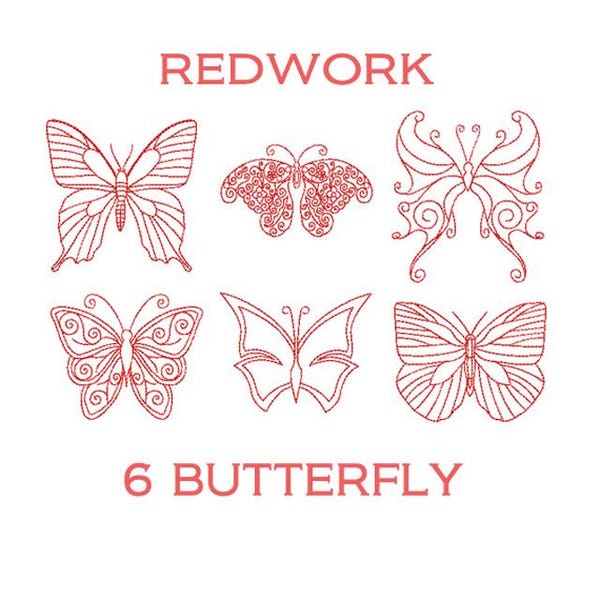 Borduurontwerpen vlinders. Swirly Butterfly Redwork machineborduurpatronen. Redwork vlinderborduurwerk. Ontwerp vlinder.