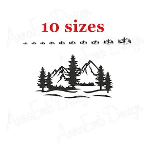 Könnte beinhalten: Schwarzweißes Stickmuster einer Bergkette mit Bäumen und einem Fluss. Das Design ist in 10 Größen erhältlich.