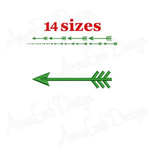 Pode incluir: Design de bordado de flecha verde com 14 tamanhos. A flecha aponta para a esquerda e tem um design simples com uma ponta pontiaguda e uma série de linhas na cauda.