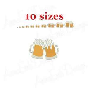 May include: Two cartoon beer mugs clinking together, with a white foam top and yellow liquid. The image includes the text "10 sizes" in red.