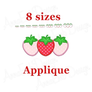 May include: Three red strawberries with white polka dots and green leaves. The strawberries are arranged in a row. The text "8 sizes" and "Applique" are in red letters above and below the strawberries.