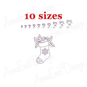 May include: A black and white line drawing of a Christmas stocking with a teddy bear, presents, and holly. The text "10 sizes" is in red above the stocking.