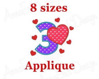 Design ricamo compleanno. Il mio 3 ° compleanno applique macchina ricamo design. Compleanno numero 3. Design ricamo a cuore.