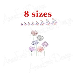 May include: An embroidery design of a cluster of poppy flowers in various shades of purple, blue, and red. The design is available in 8 sizes. "Anna Emb Design" is written in the image.