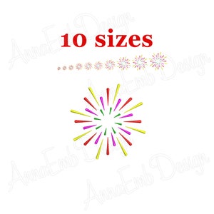 May include: A digital design showing a colourful firework burst with red, yellow, green, and purple accents. The text "10 sizes" is displayed in red above a series of smaller firework designs.