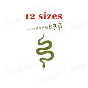 May include: A green snake design in 12 different sizes. The snake is curled up in a coil with its head facing forward. The design is perfect for embroidery projects.