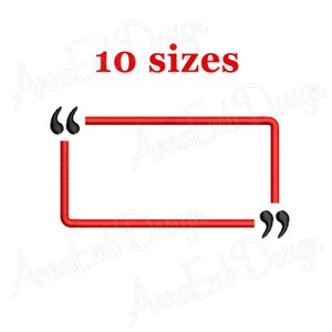 Op de afbeelding: Rood rechthoekig frame met zwarte aanhalingstekens aan elke kant. De tekst "10 maten" staat boven het frame.