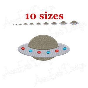 May include: A gray and white UFO embroidery design with red and blue accents. The design is available in 10 sizes.