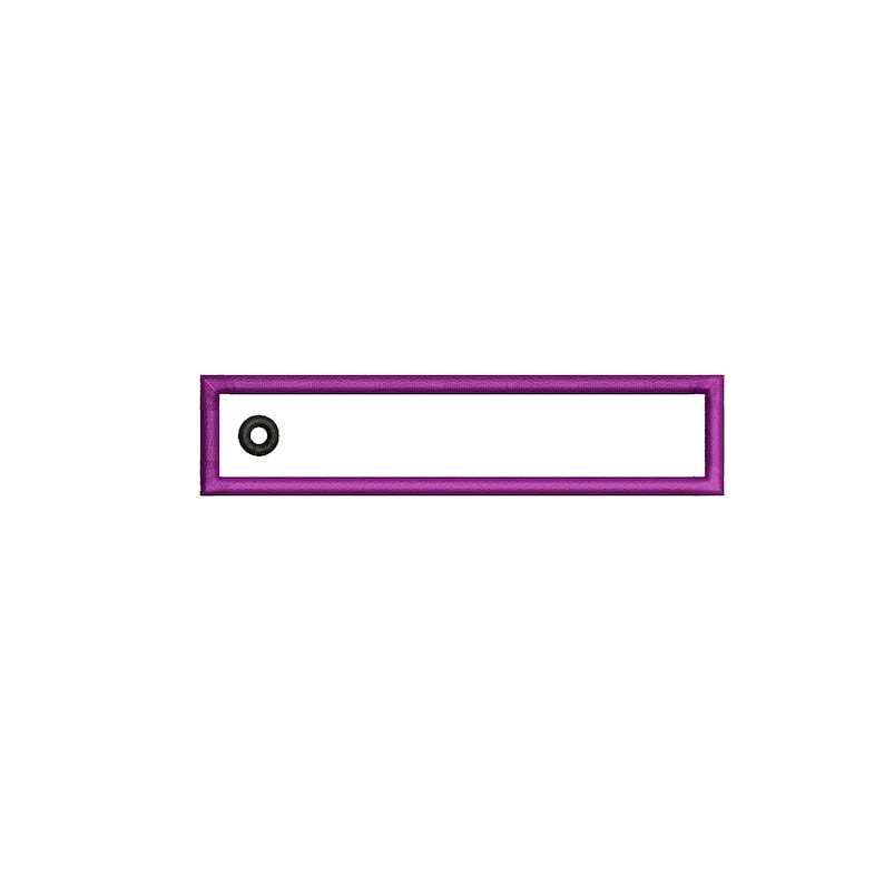 May include: A purple fabric label with a white background and a black circle in the top left corner.