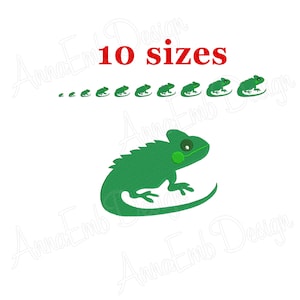 May include: Green iguana embroidery design in 10 different sizes. The design features a cartoon iguana with a green body and a light green tongue.