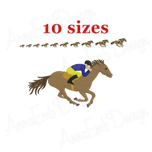 May include: An embroidered design featuring a brown horse with a jockey in blue and yellow attire. The text "10 sizes" is displayed in red above a row of smaller horse and jockey designs. This design is suitable for embroidery projects.