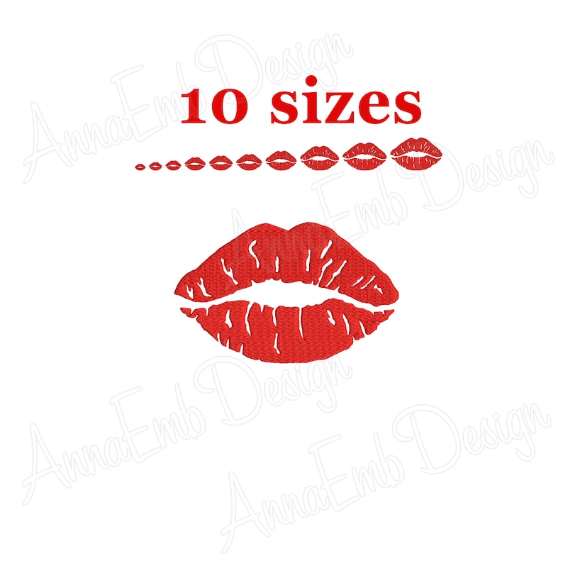 May include: Red lips kiss mark embroidery design in 10 different sizes.  The design is perfect for Valentine's Day, wedding, or anniversary projects.