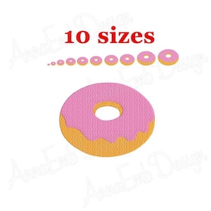 May include: Pink and yellow donut embroidery design with 10 different sizes. The design is perfect for creating fun and delicious-looking projects.