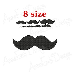 Peut inclure: Broderie noire et blanche d'une moustache en huit tailles différentes. Le texte "8 size" est en rouge.