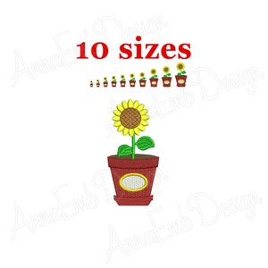 May include: Embroidery design of a potted sunflower with 10 different sizes. The sunflower is yellow with brown center and green leaves. The pot is red with a yellow rim and a white oval label.
