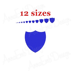 Puede incluir: Una forma de escudo azul con 12 tamaños diferentes. El texto "12 tamaños" está en rojo.