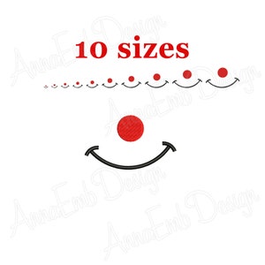 May include: A digital embroidery design of a smiling face with a red nose. The design is available in 10 different sizes.