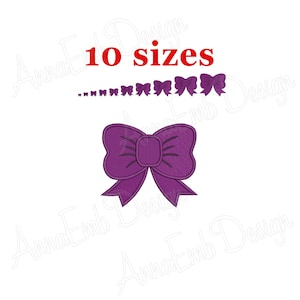 May include: Purple bow embroidery design with 10 different sizes. The bow is a simple design with a rounded shape and a centre knot.